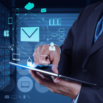 The display of translucent media icons and a lock hovering over a tablet.