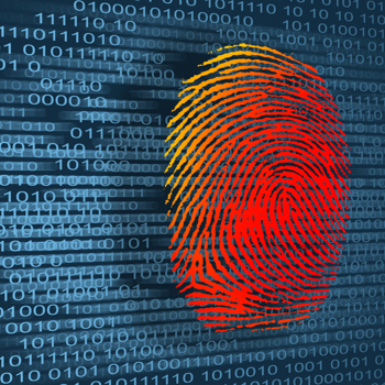 Red fingerprint on top of blue background of 1's and 0's